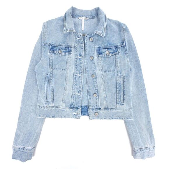 FREE PEOPLE Fitted Cropped Button Down Jean Jacket Western Boho Light Denim XS - Picture 1 of 8